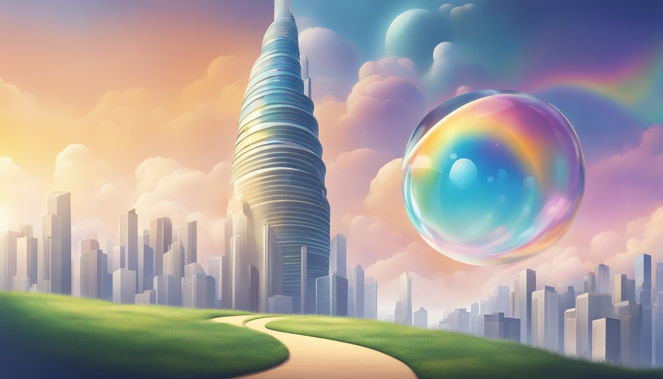 A winding path leads from a dream bubble to a towering reality skyscraper, symbolizing the journey from aspiration to accomplishment