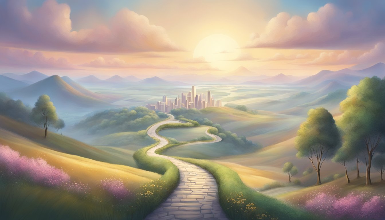A winding path leads from a dreamy, ethereal landscape to a bustling cityscape, symbolizing the journey from inner aspirations to outward success