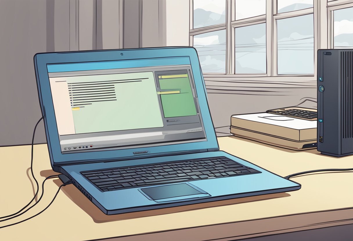 A laptop displays a "no internet connection" message while a router blinks with no signal