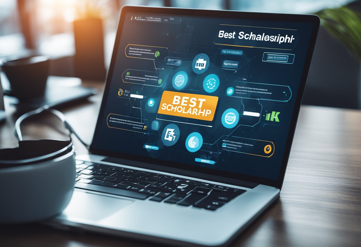 A futuristic digital interface displaying "Best Scholarship Management Software in 2024" with sleek, modern design and advanced features