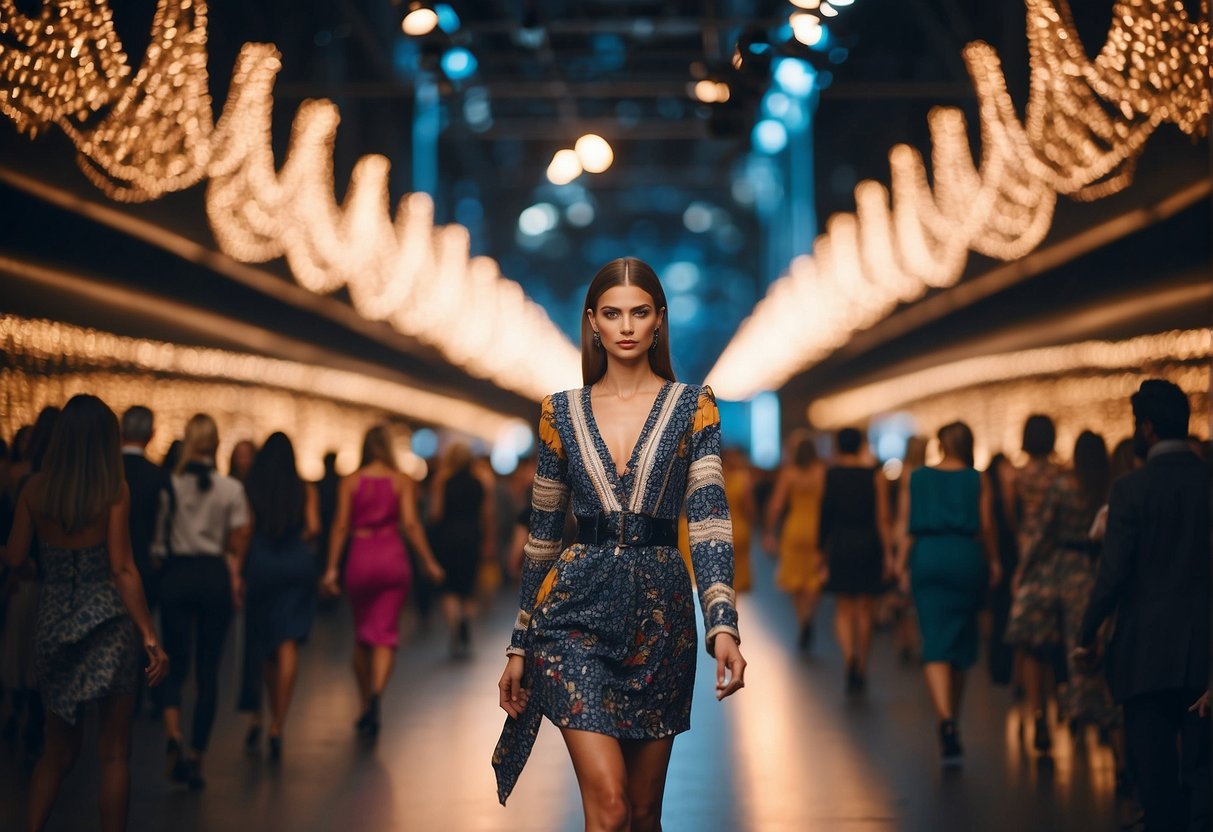 A runway with vibrant, flowing fabrics and bold patterns, surrounded by stylish onlookers and bright lights