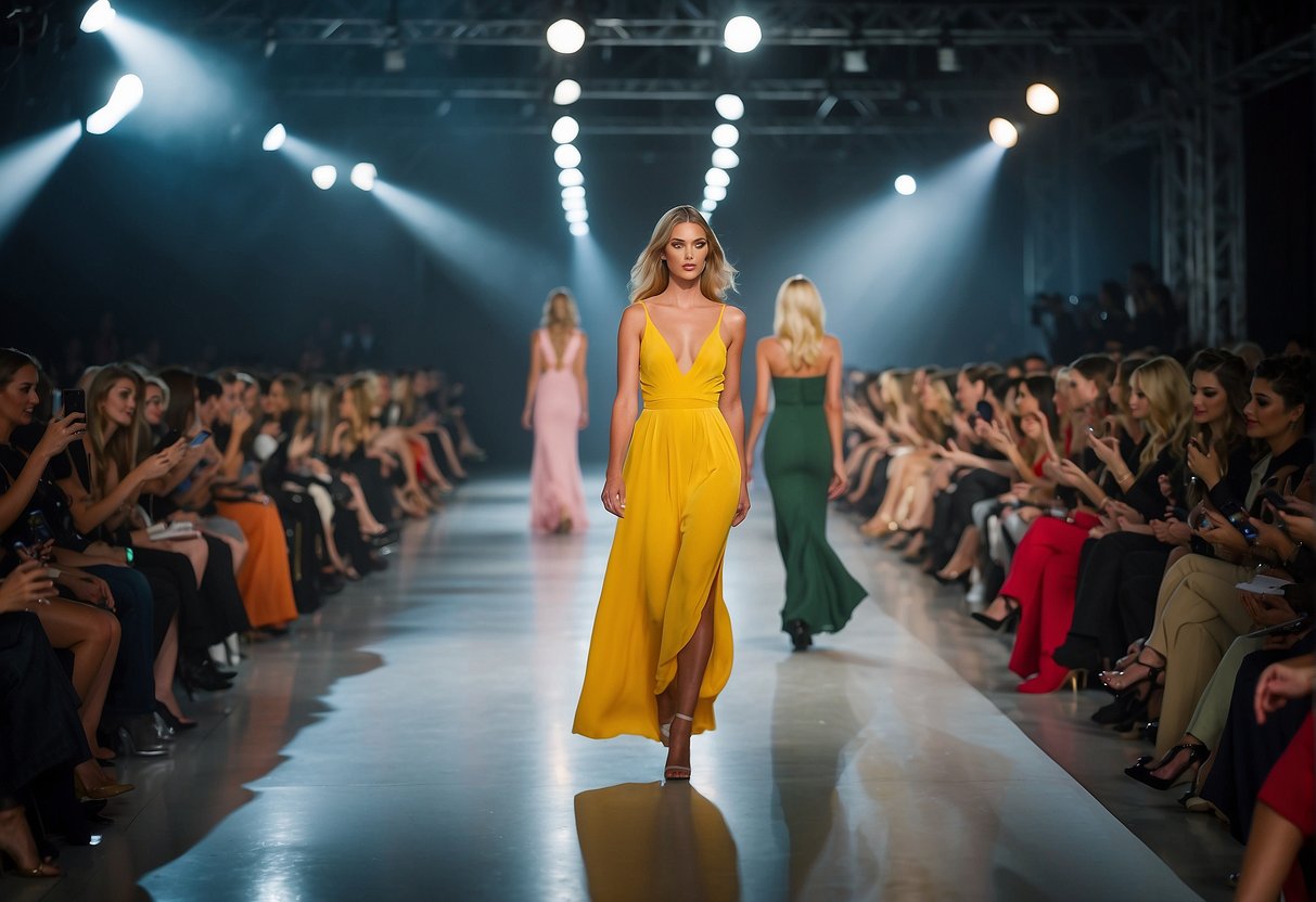 A bustling fashion show with models walking down a runway, surrounded by photographers, designers, and industry professionals. Bright lights, colorful fabrics, and a sense of excitement in the air
