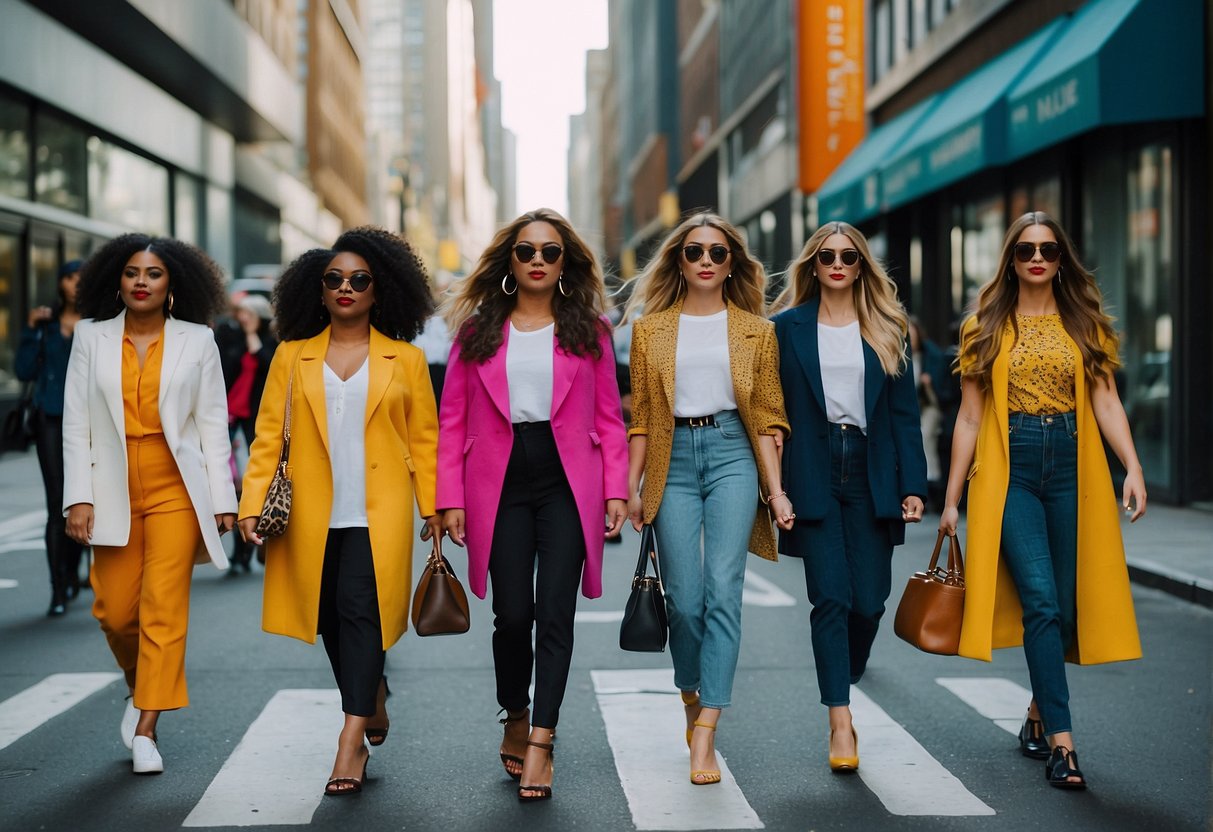 A bustling city street with diverse individuals showcasing current fashion trends in clothing, footwear, and accessories. Vibrant colors, bold patterns, and mix-and-match styles are prevalent