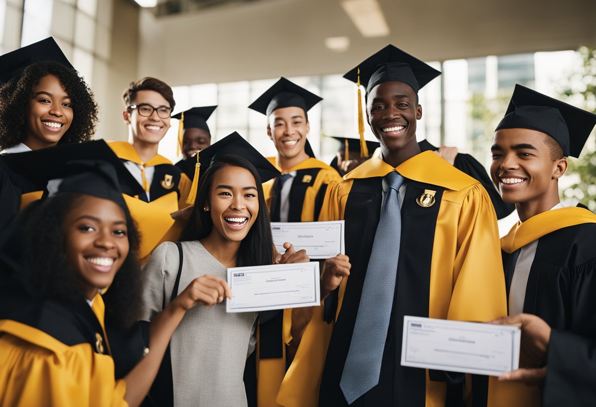 A group of students celebrating as they receive transfer scholarships from the University of Missouri. They are smiling and holding their award letters with excitement