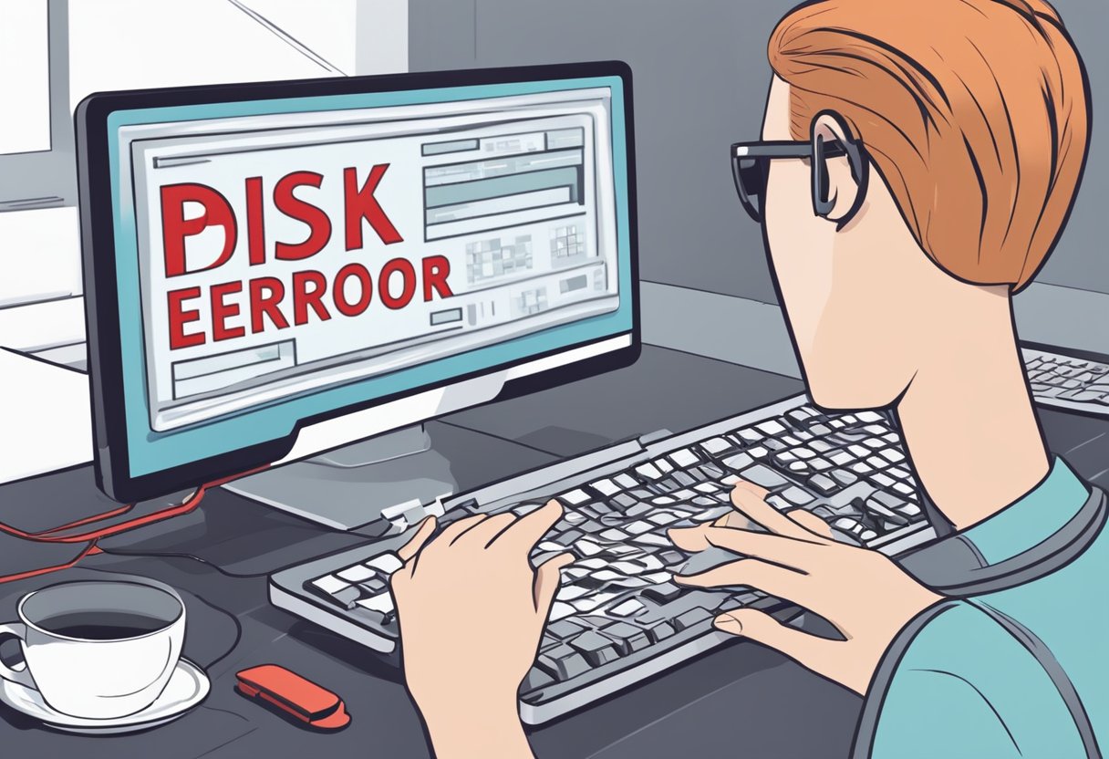 A computer screen displays a pop-up error message with the words "Disk Write Error" in bold red letters. A hand reaches for the keyboard, ready to troubleshoot the issue