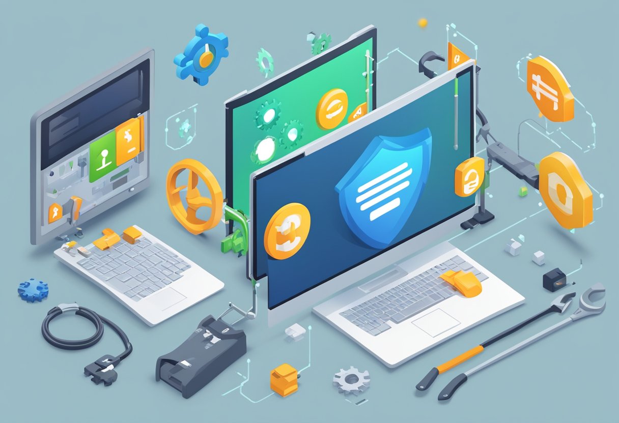A computer screen displaying an "Error 500" message with a wrench icon next to it, surrounded by various computer and network symbols