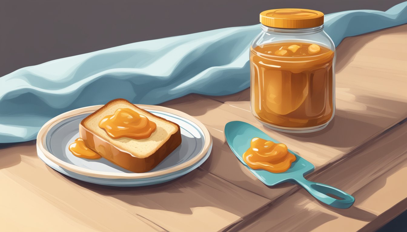 A slice of bread with sweet caramel spread, set on a plate next to a water bottle and a pair of running shoes