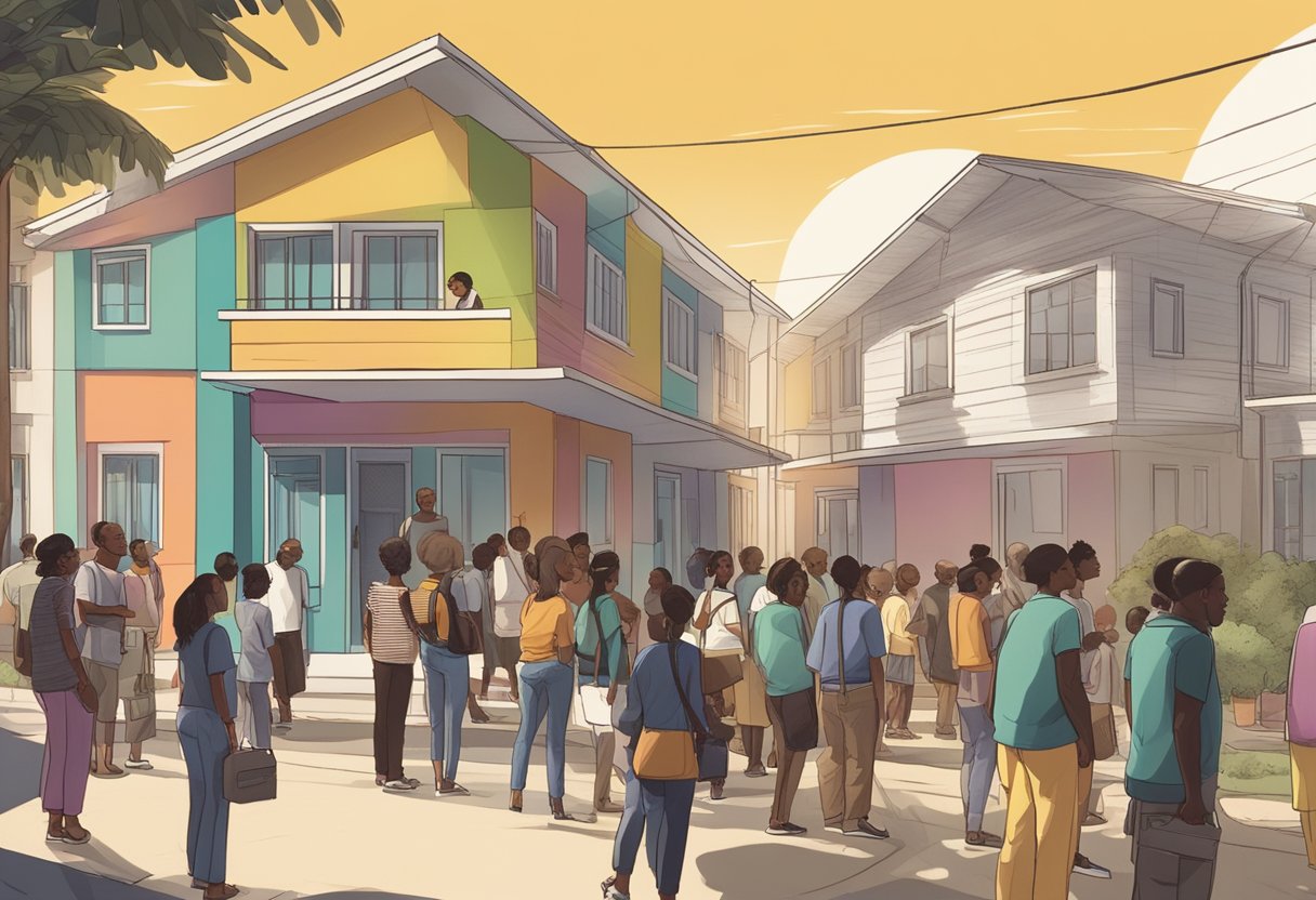A diverse group of people stand in line outside a modern-looking housing complex, eagerly waiting to enter. The sun is shining, and there are colorful banners and signs promoting the "Minha Casa Minha Vida" housing program