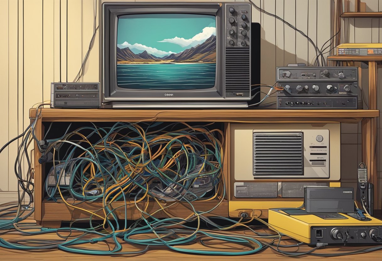 A 1980s cable box sits on a wooden TV stand, surrounded by vintage decor and technology. A tangled mess of cables spills out from the back