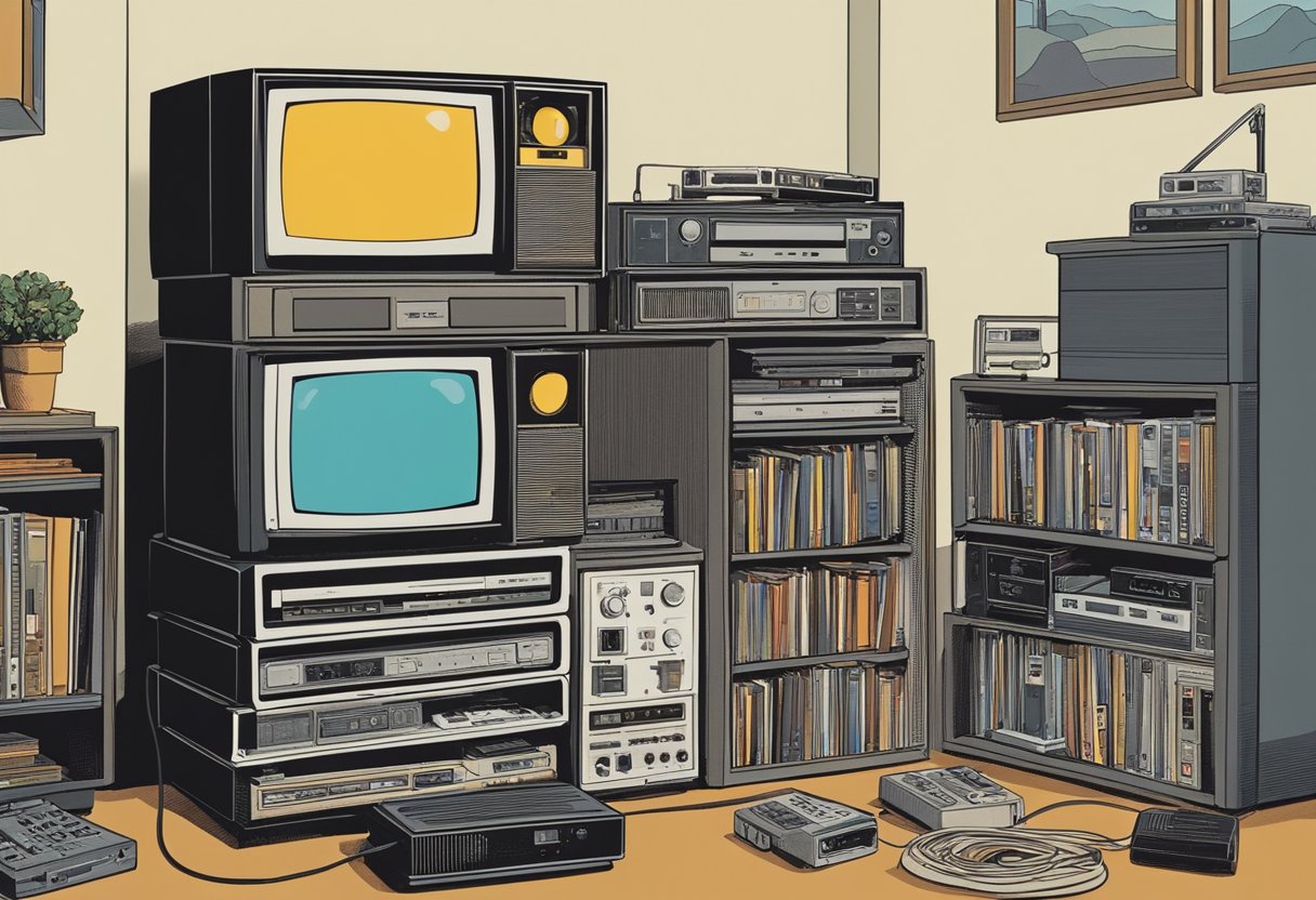 A cable box from 1980 sits on a TV stand, surrounded by scattered remote controls and a stack of VHS tapes. The TV screen displays static, symbolizing the impact of media consumption during that era