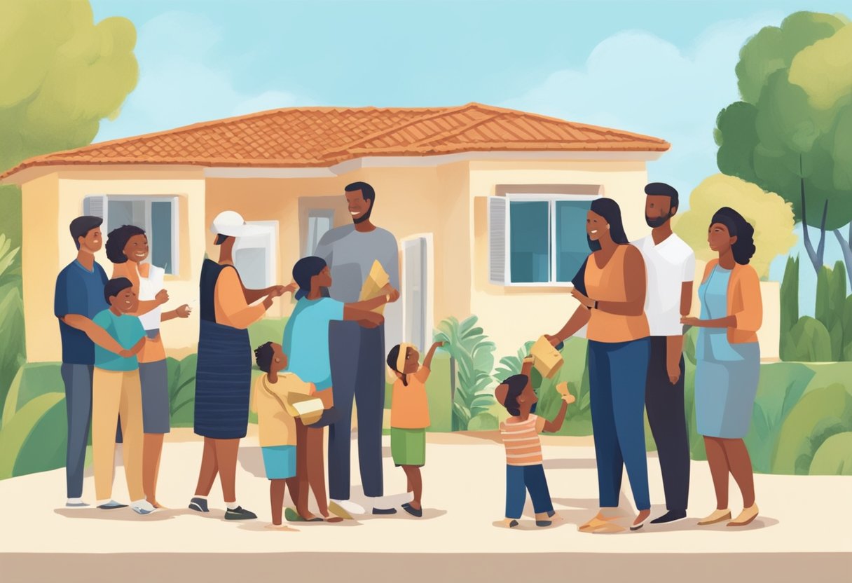 A family receiving keys to their new home, surrounded by Caixa representatives discussing financing and payment conditions for "Minha Casa Minha Vida" program