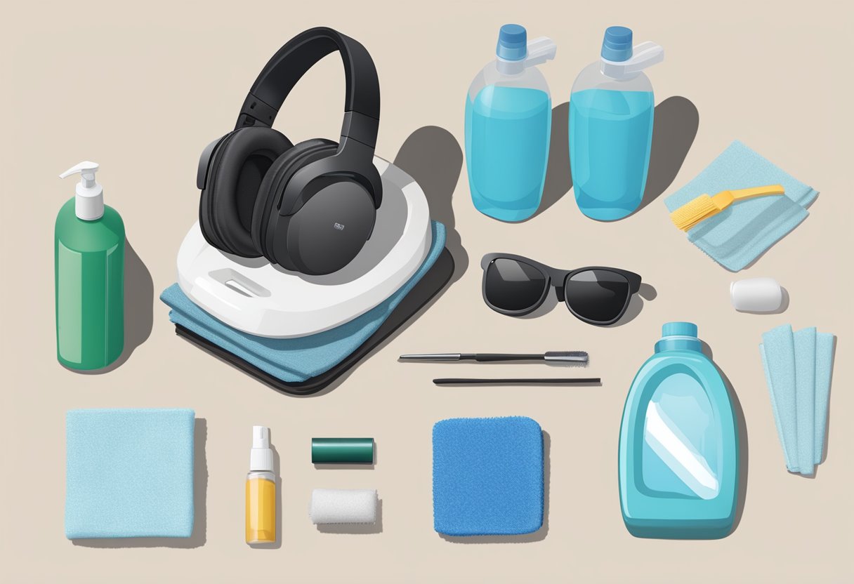 Ein Tisch mit Reinigungsutensilien: Mikrofasertuch, Alkoholtücher und eine Bürste. Ein Meta Quest 3-Headset liegt bereit zur Reinigung