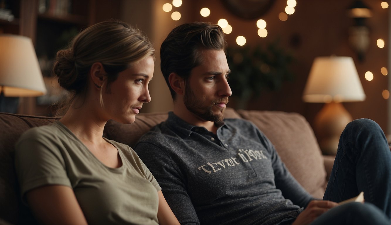 A couple sits in a cozy living room, surrounded by Bible verses and religious symbols. Their body language suggests intimacy, but a sense of guilt and conflict is evident in their expressions