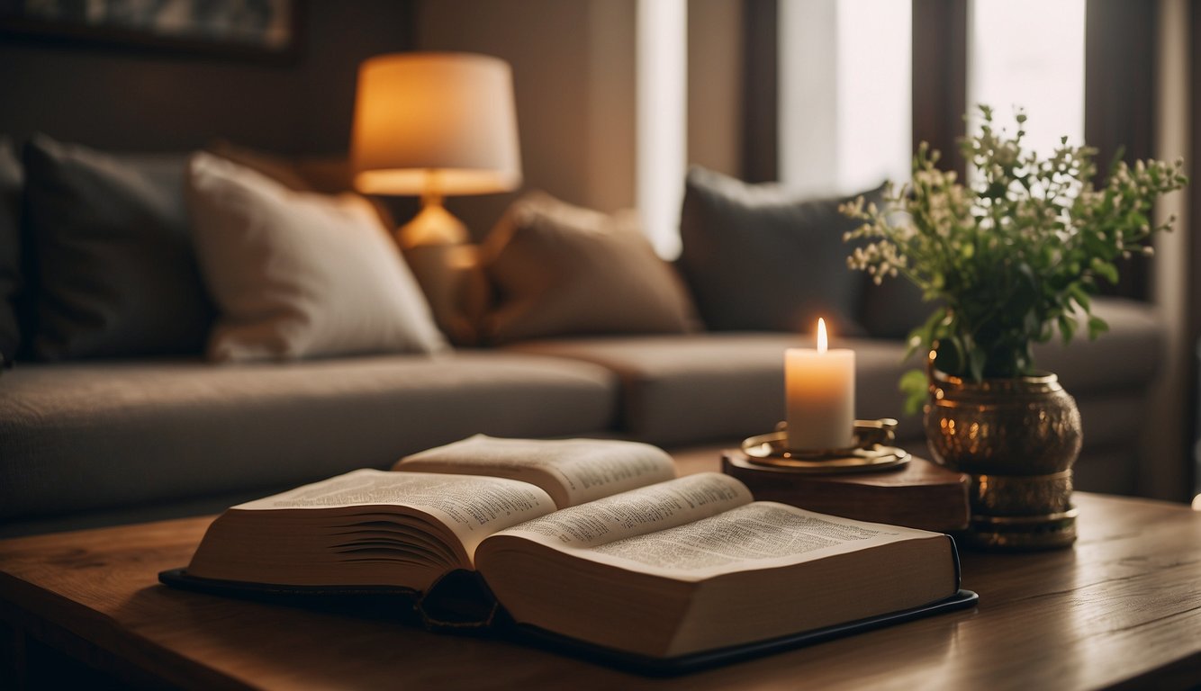 A cozy living room with two separate beds, a Bible open on a table, and a couple praying together