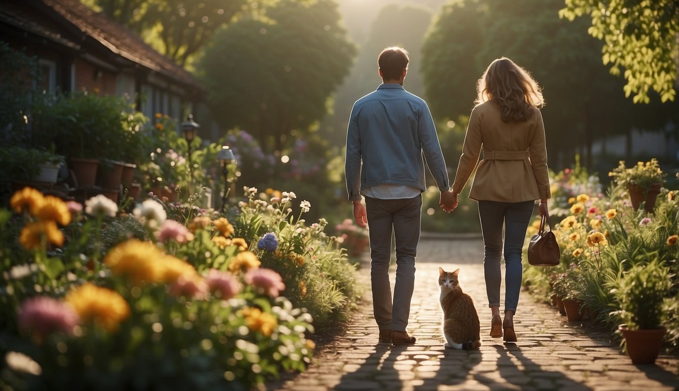 A couple walking in a garden, surrounded by unusual objects like a stray cat and a rainbow, symbolizing God's hand in revealing their destined marriage partner