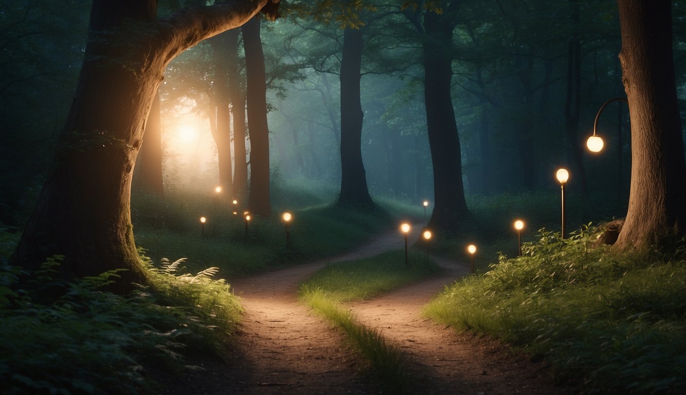A winding path through a forest, with unusual objects like a glowing orb, a talking animal, and a mysterious doorway, leading to a hidden clearing with a symbol of love