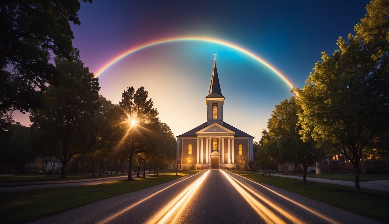 A glowing orb hovers above two intertwined paths, one leading to a traditional church and the other to a futuristic cityscape. A rainbow of light beams down, illuminating the paths