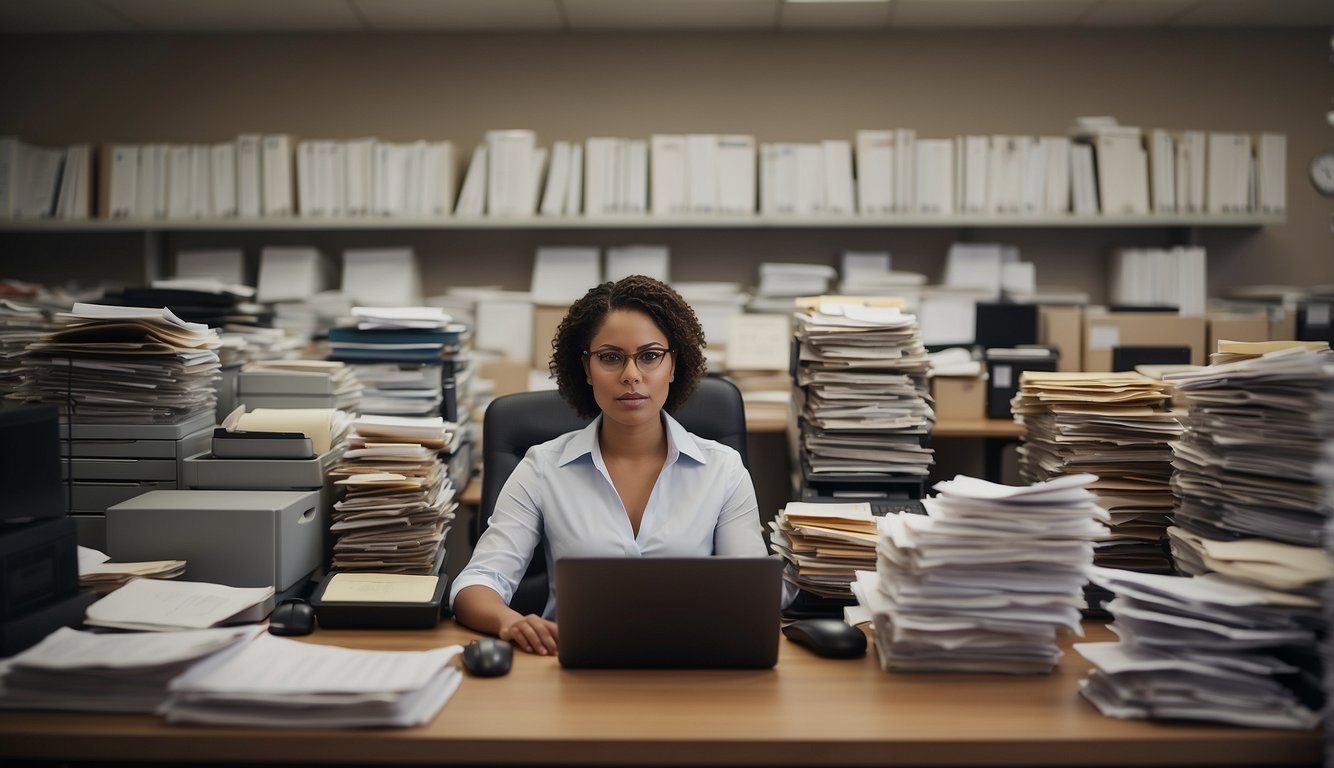 The church financial secretary sits at a desk, surrounded by filing cabinets and a computer. They are meticulously organizing and maintaining financial records, ensuring compliance with all regulations