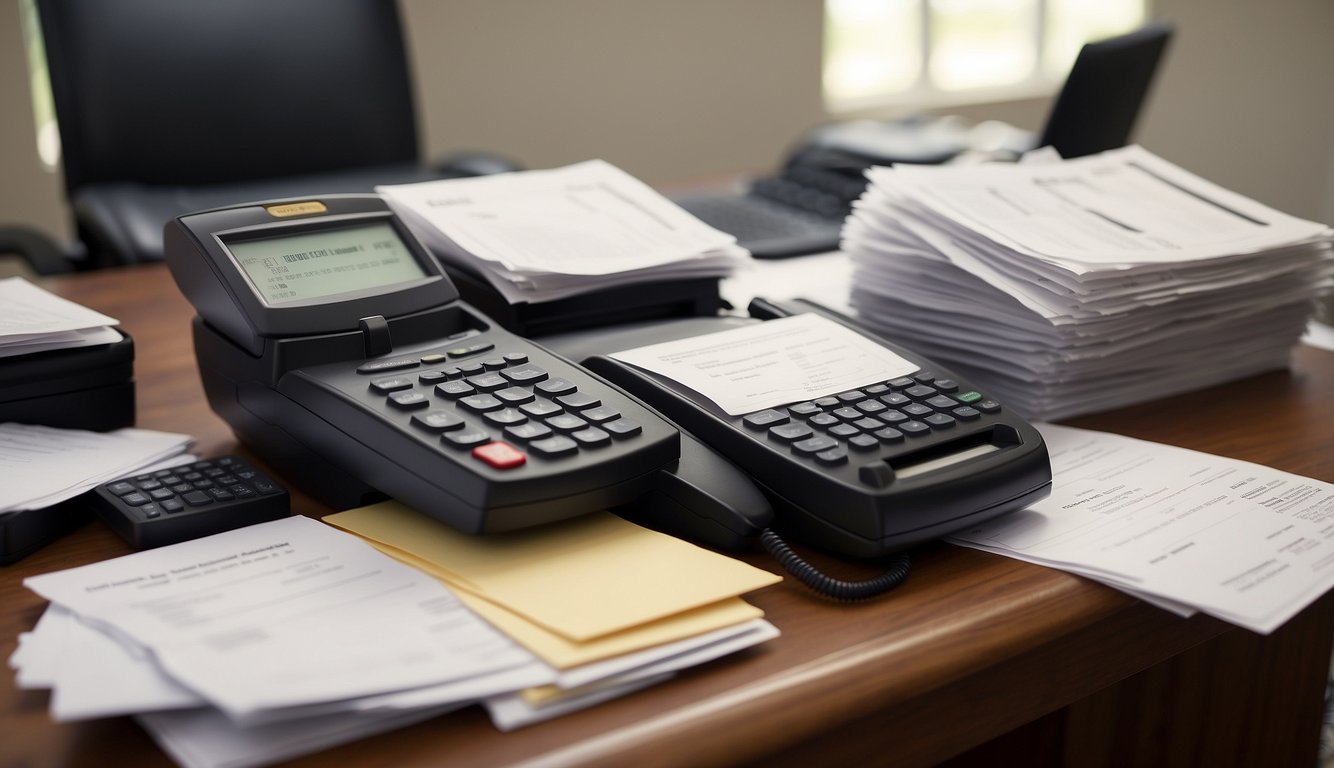 The church financial secretary sits at a desk, organizing files and inputting data into a computer. A stack of invoices and receipts sits nearby, waiting to be processed