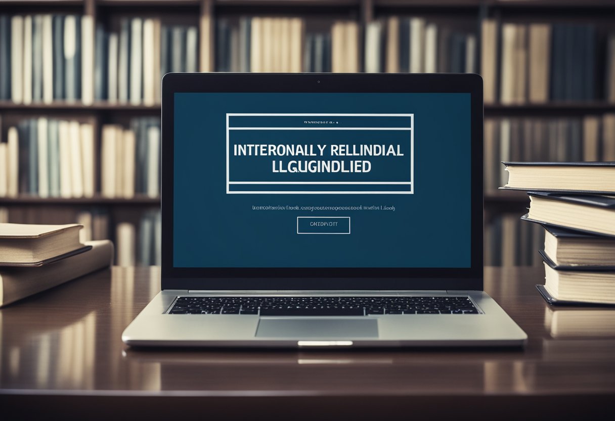 A laptop displaying the words "Internationally Recognised Online LLM" on the screen, surrounded by books and legal documents