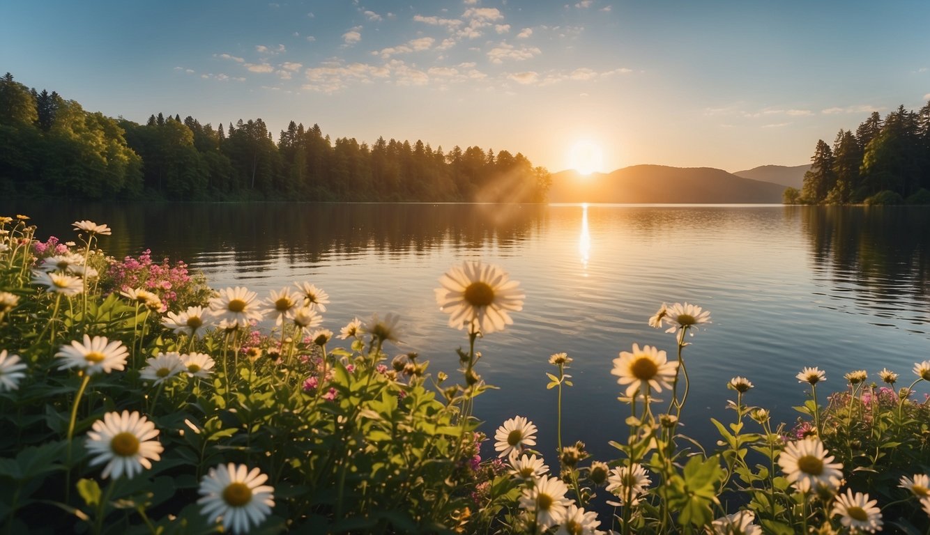 A serene landscape with a sun rising over a calm body of water, surrounded by lush greenery and colorful flowers. A feeling of peace and tranquility emanates from the scene