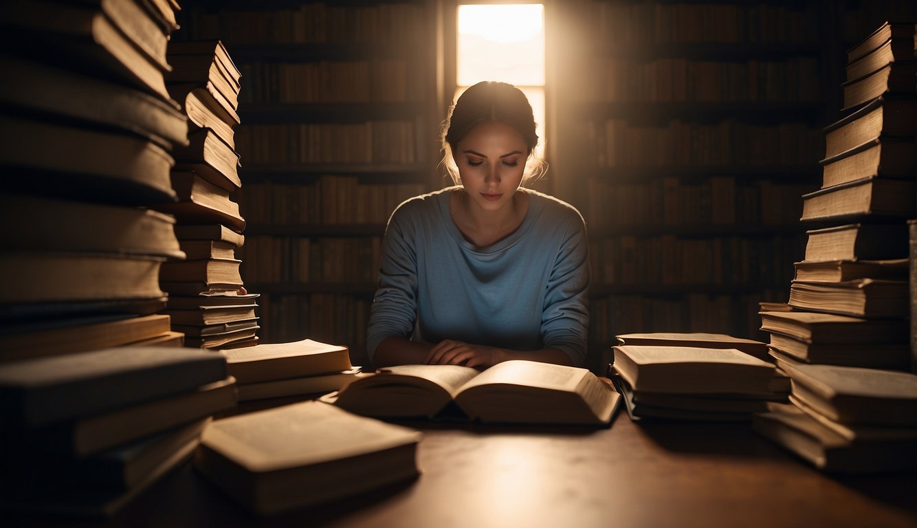 A person sitting alone in a dimly lit room, surrounded by piles of books with titles like "Understanding Depression" and "Anxiety Relief". A single beam of light shines on the open pages of a book titled "Best Book of the Bible for