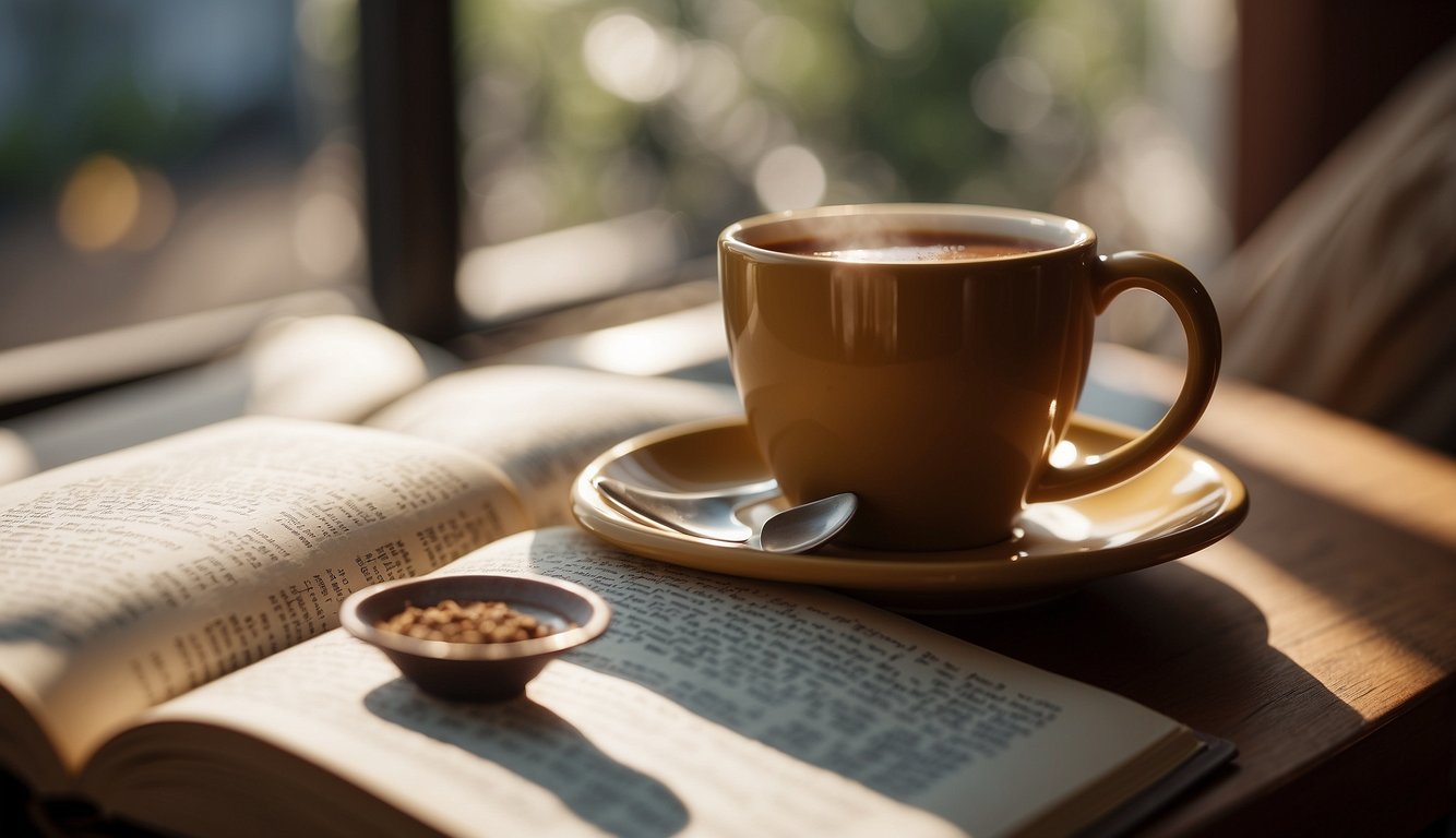 A person sitting in a cozy chair, surrounded by open pages of a Bible, with a warm cup of tea or coffee nearby. The atmosphere is peaceful and serene, conveying a sense of comfort and solace