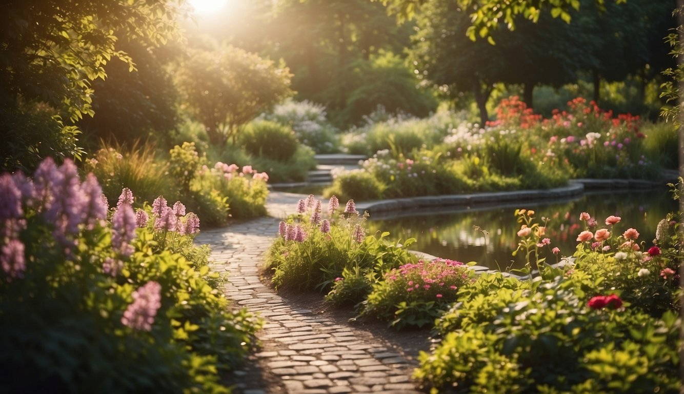 A peaceful garden with a winding path leading to a serene pond, surrounded by colorful flowers and lush greenery. The sun is shining, and birds are chirping, creating a calming atmosphere