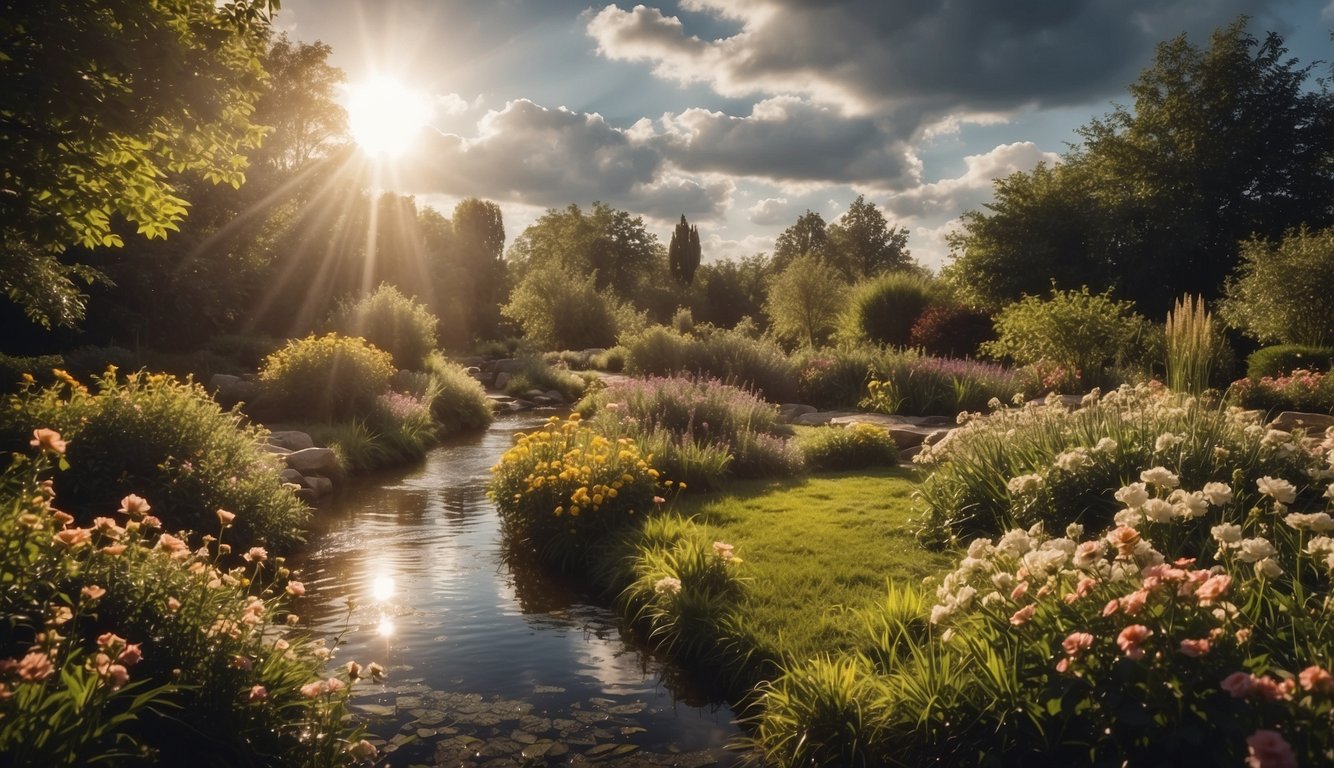 A serene garden with a ray of sunlight breaking through dark clouds, illuminating a path lined with blooming flowers and a peaceful stream