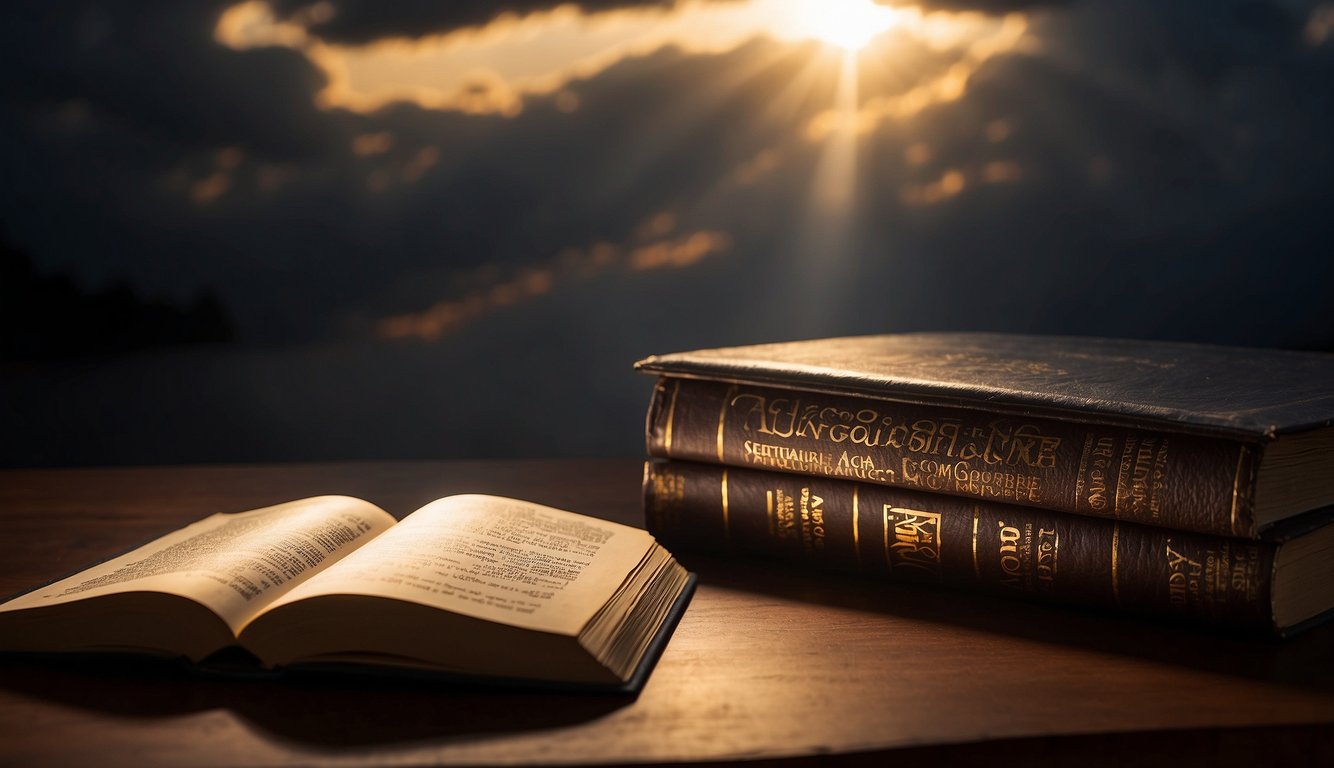 A bright light shines through dark clouds, casting a warm glow on an open book. The words "Encouragement and Assurance" stand out on the cover, offering hope and comfort