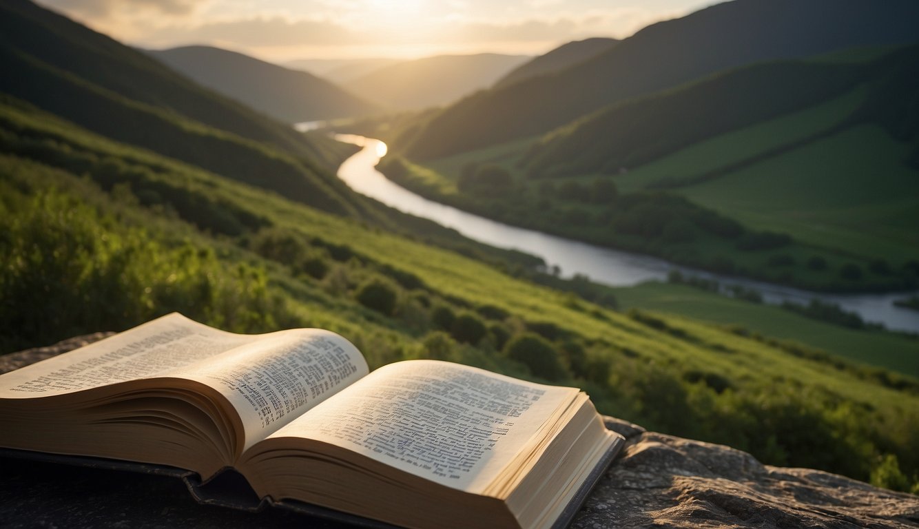 A serene landscape with a peaceful river flowing through a lush green valley, with a beam of light shining down from the sky onto an open book with the title "Best Book of the Bible for Depression & Anxiety" prominently displayed