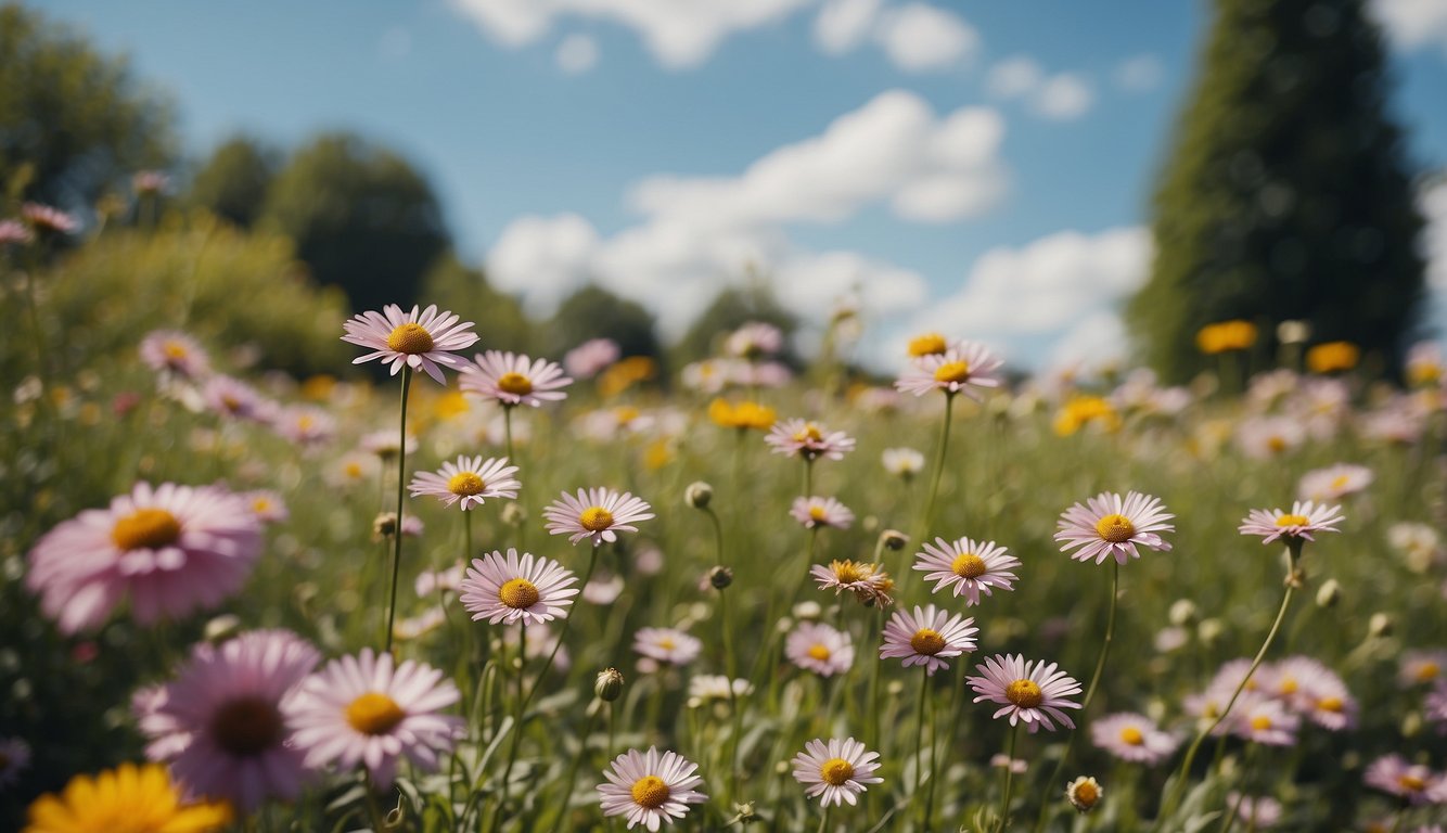 A serene garden with blooming flowers and a peaceful sky, radiating a sense of joy and gratitude