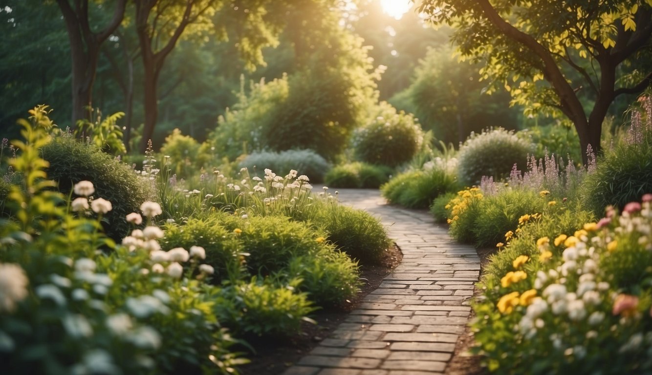 A serene garden with a winding path leading to a sunlit clearing, surrounded by blooming flowers and lush greenery, evoking a sense of peace and hope