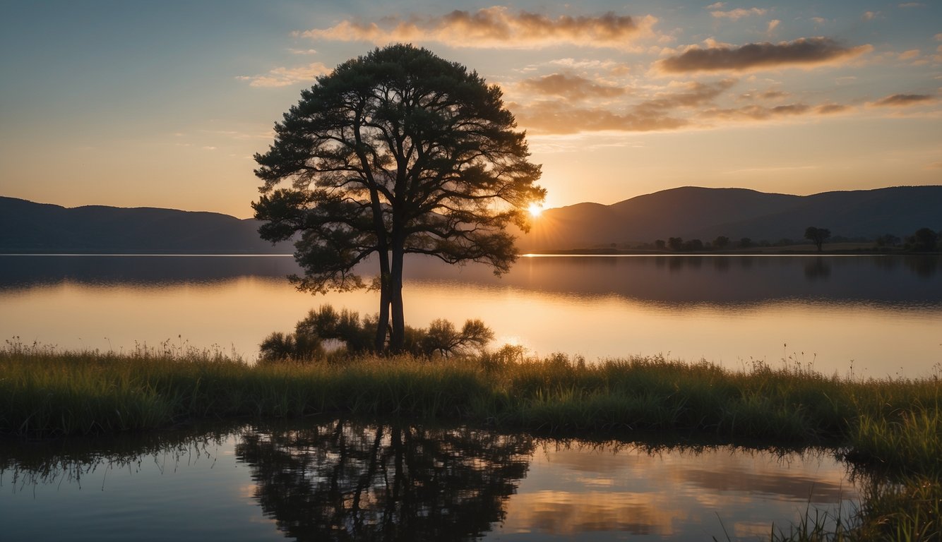 A serene landscape with a peaceful sunset, a calm body of water, and a lone tree standing strong against the sky