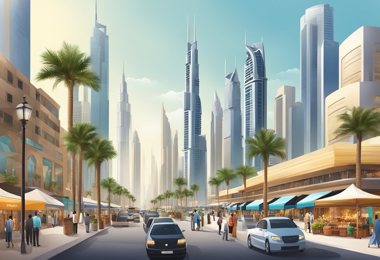A bustling Dubai shopping district with luxury stores and vibrant market stalls, surrounded by modern skyscrapers and palm trees