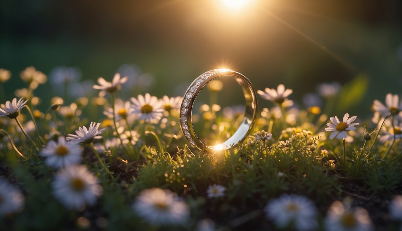 A glowing ring hovers above a peaceful garden, surrounded by blooming flowers and butterflies. A warm light radiates from the ring, symbolizing the spiritual union of two souls in a dream