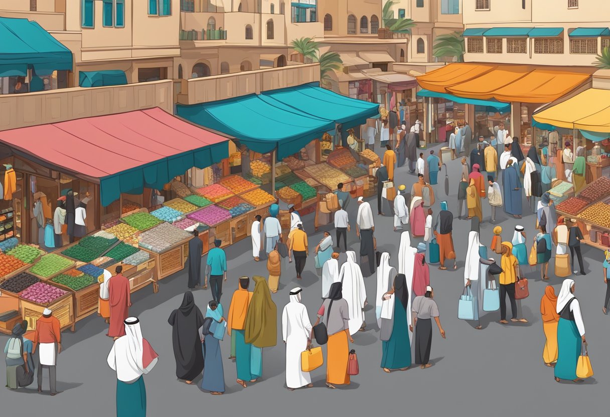 A bustling Dubai market with colorful storefronts and busy shoppers browsing luxury goods and souvenirs