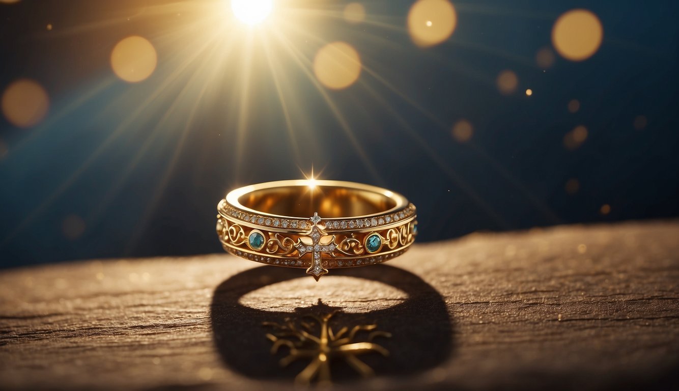 A golden ring floating above a glowing cross, surrounded by celestial light and symbols of love and commitment