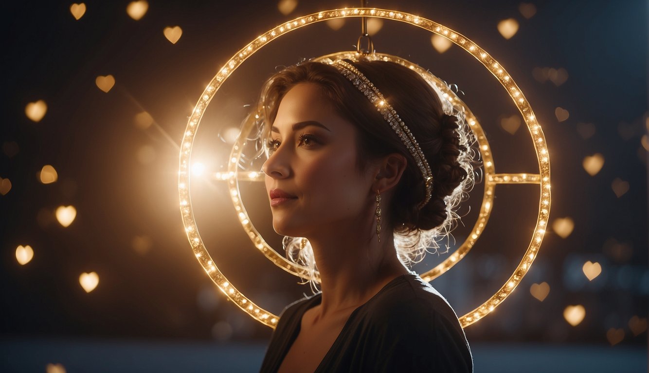 A glowing ring hovers above a dreamer's head, surrounded by symbols of love and faith. A celestial light shines down, illuminating the scene with a sense of divine purpose