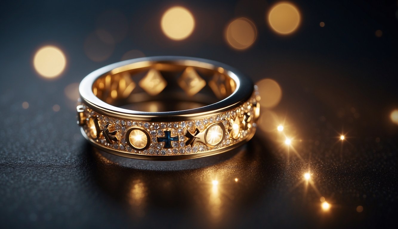 A ring floating above a glowing cross, surrounded by celestial light and symbols of love and unity