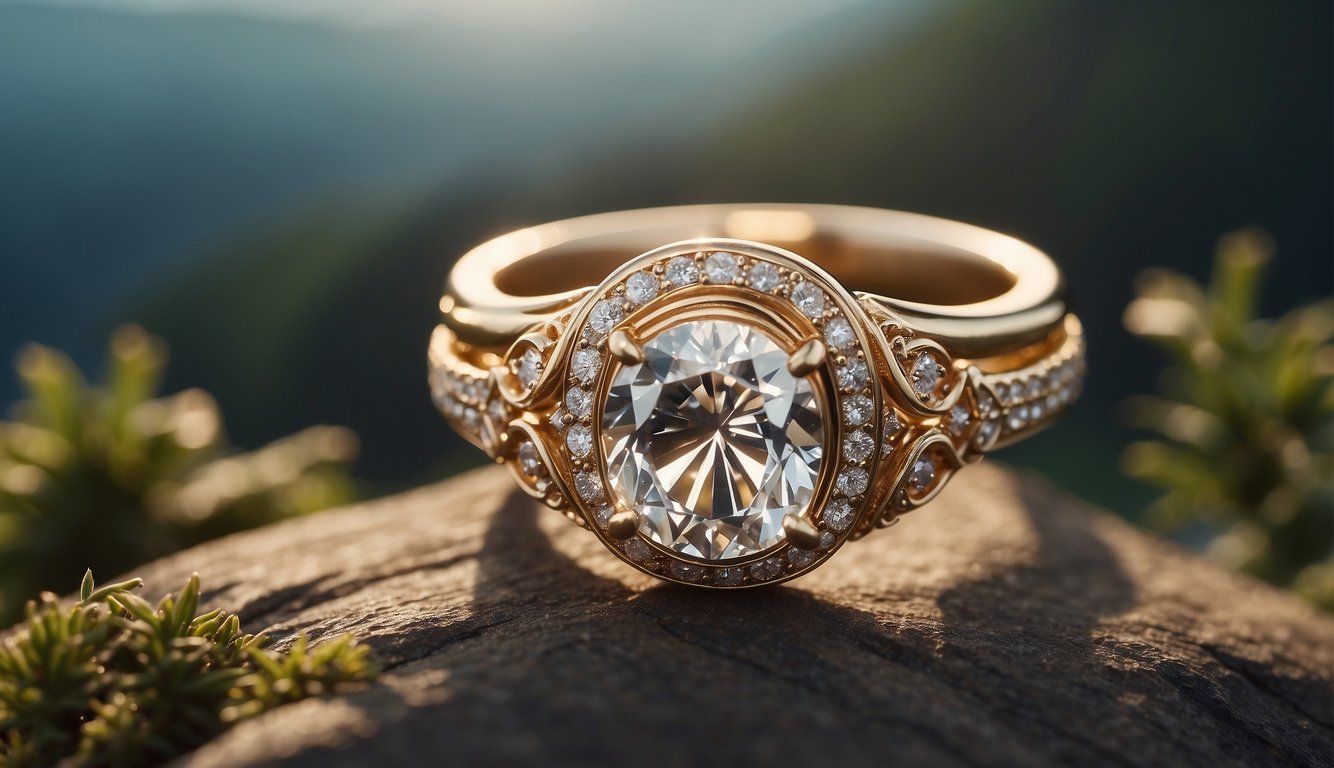 A glowing engagement ring hovers above a serene, ethereal landscape, surrounded by symbols of faith and love