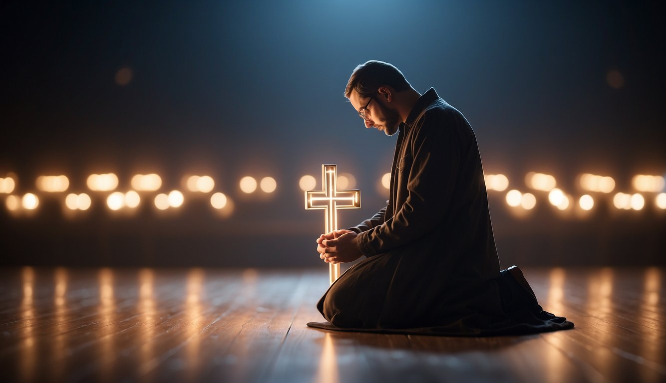 A figure kneeling in prayer, surrounded by beams of light, with a symbol of a ring and a cross floating above, representing spiritual engagement