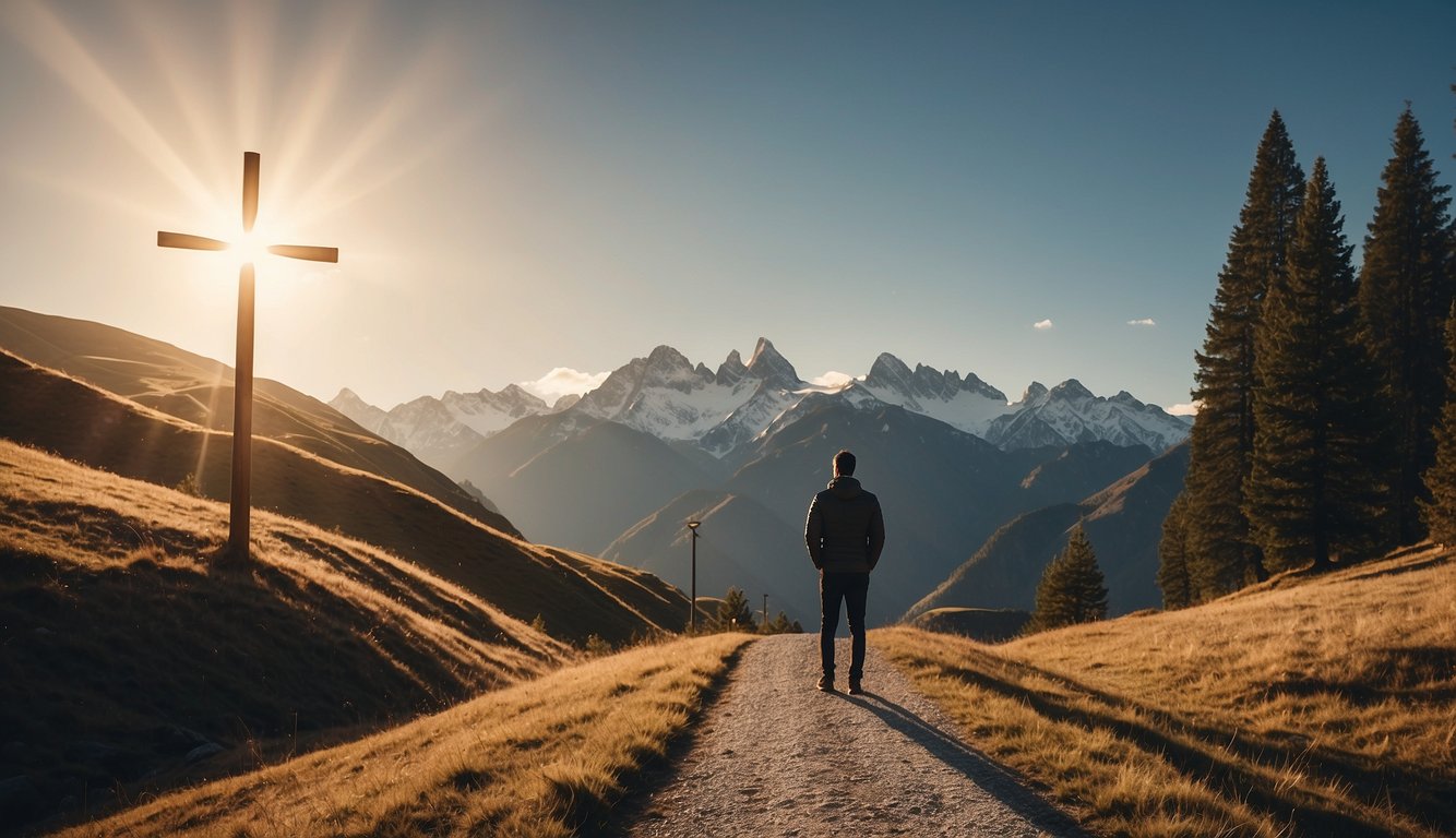 A person standing at a crossroads, with one path leading to a church and the other to a mountain peak. A glowing engagement ring hovers above, surrounded by beams of light