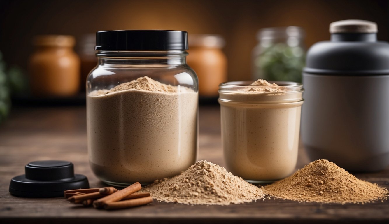A jar of Ashwagandha powder surrounded by gym equipment and protein shakes