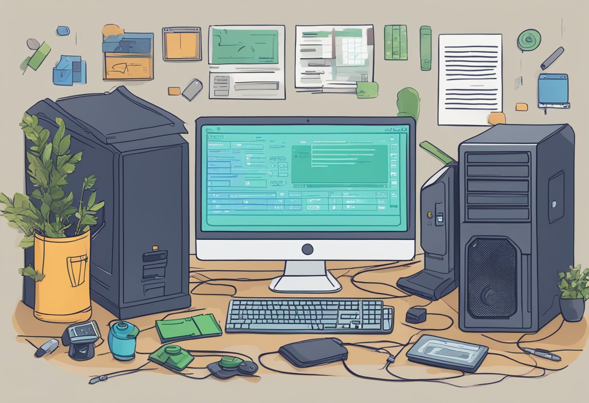 A computer screen displaying error message "Valheim crashing at startup" with a troubleshooting guide open on the side, surrounded by various computer components