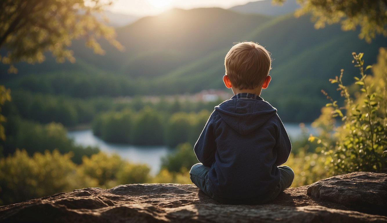 A child's hands clasped in prayer, surrounded by open Bible, cross, and peaceful nature scene