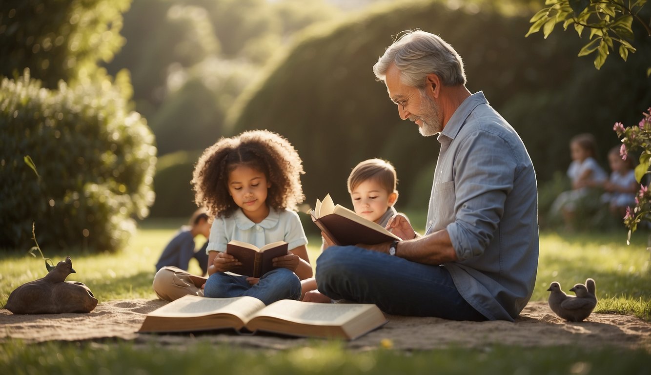 A serene garden with a parent figure reading from a holy book to a group of attentive children, surrounded by symbols of faith and love