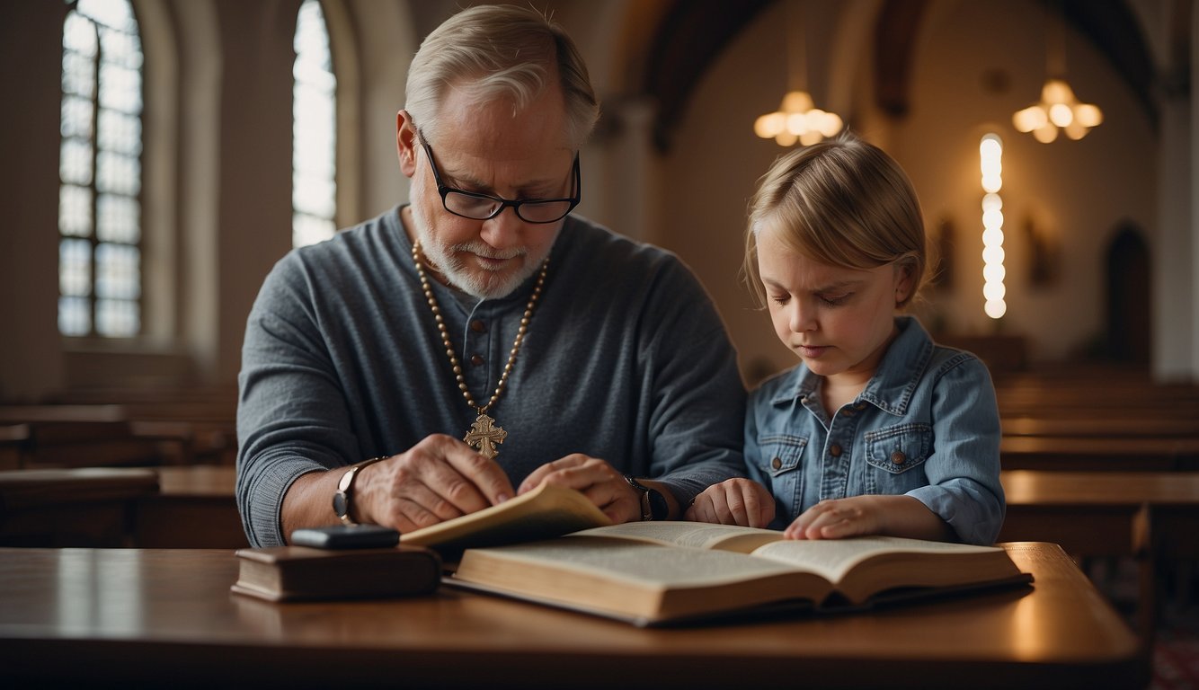 A parent reading a Bible to a child, surrounded by symbols of faith like a cross, prayer beads, and a church in the background