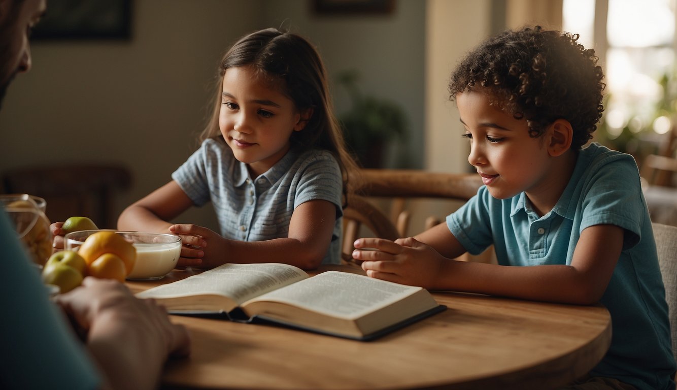 A child's hand holding a Bible, while a parent reads and discusses scripture with them. A family praying together at the dinner table