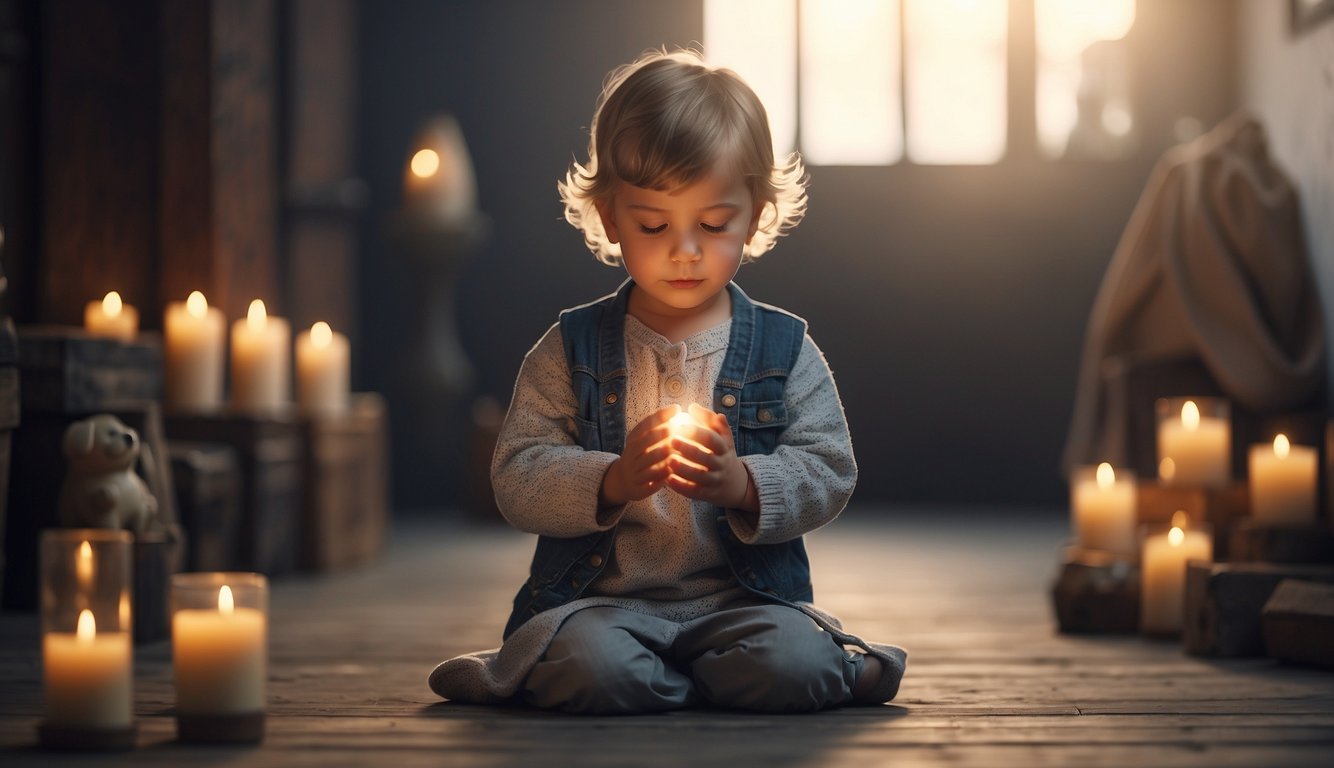 A child kneeling in prayer with a heart full of devotion, surrounded by symbols of faith and worship, guided by a parent or mentor